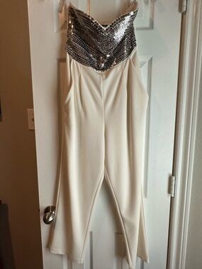 Express Ivory Strapless Jumpsuit with Silver Sequin Bandeau